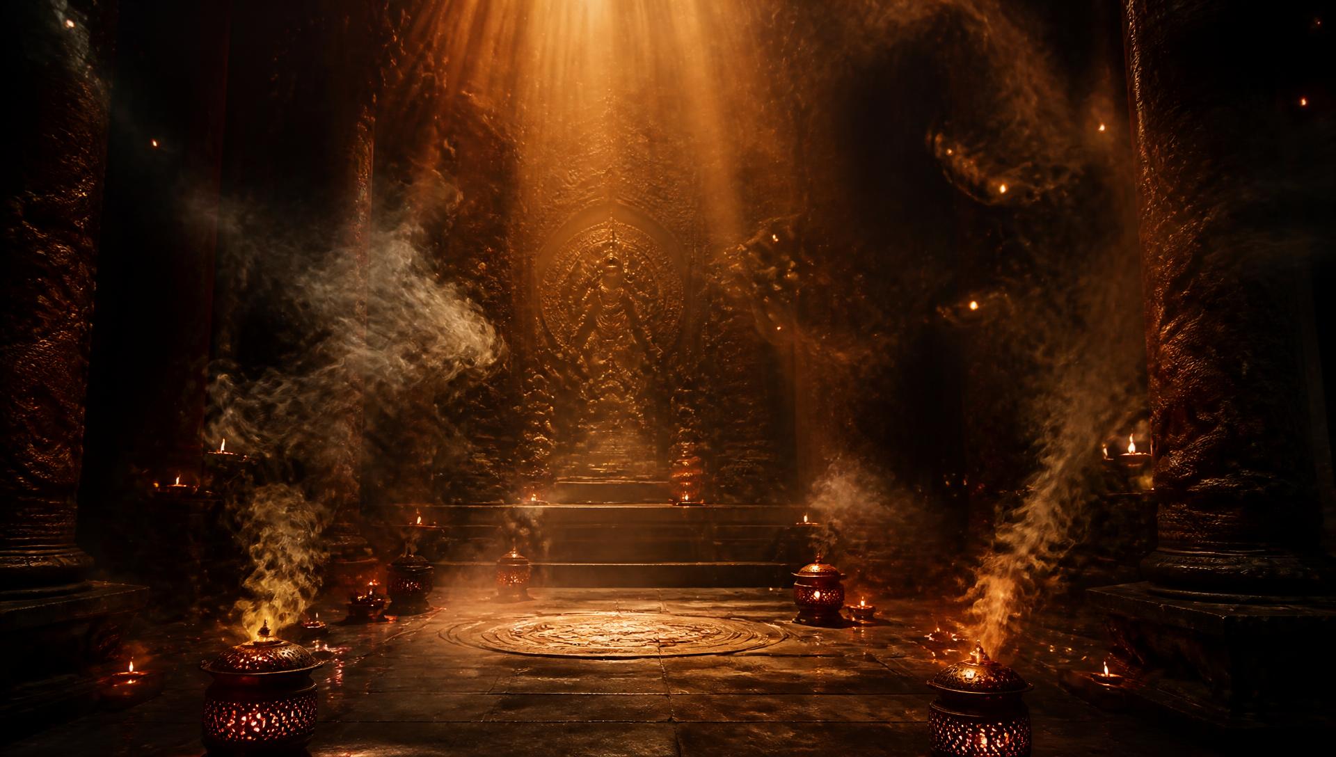 Mystical temple interior with golden light and incense smoke